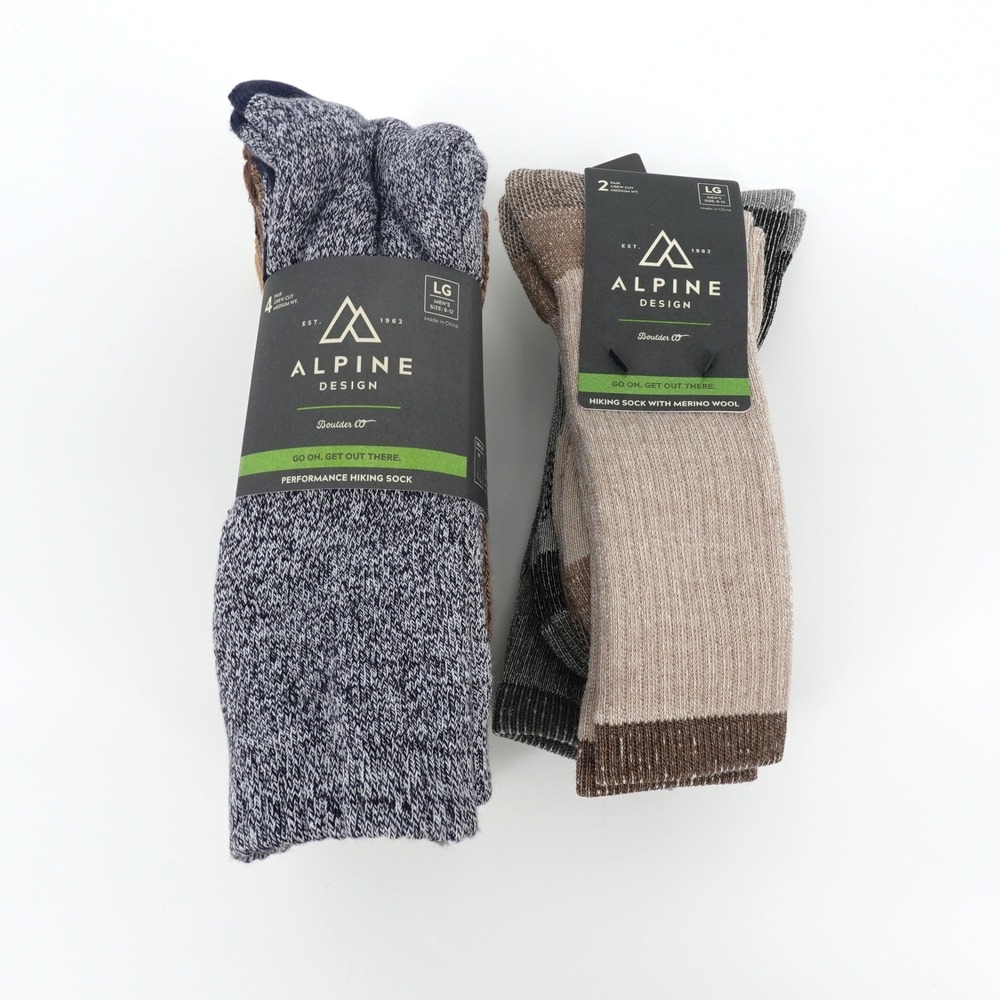 Alpine Design Mens Performance Hiking Socks 6 Pair Merino Wool Blend Large 9-12